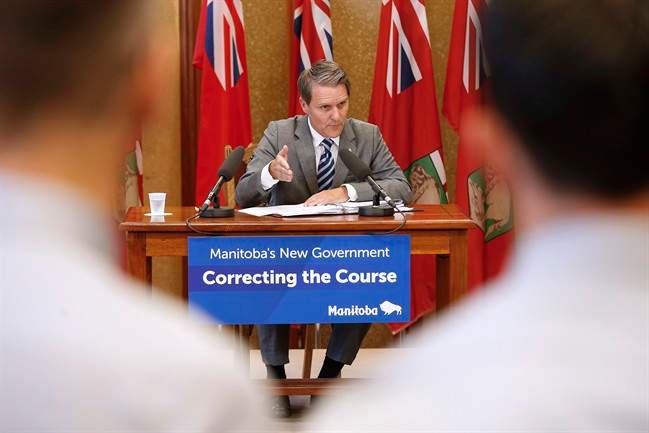 Cameron Friesen speaks to media at a press conference before the provincial budget is read at the Manitoba Legislature May 31.