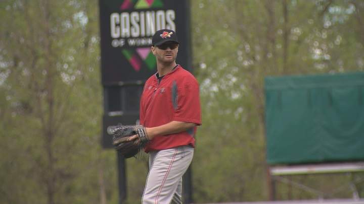 Former Goldeyes slugger Josh Mazzola warms up at Shaw Park.