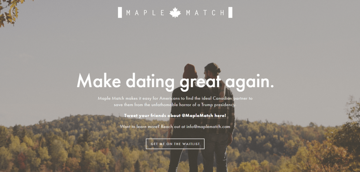 Screengrab of Maple Match, a new dating site offering to connect Americans with Canadians.