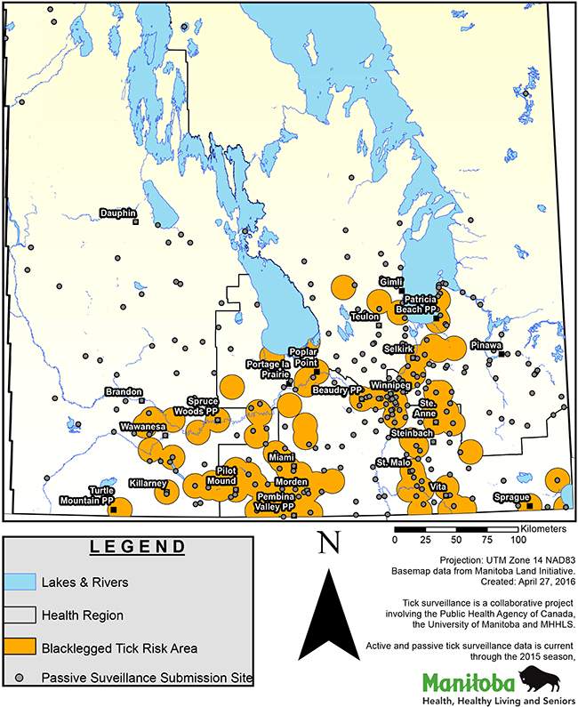 Areas marked in orange are Lyme disease risk areas in Manitoba.