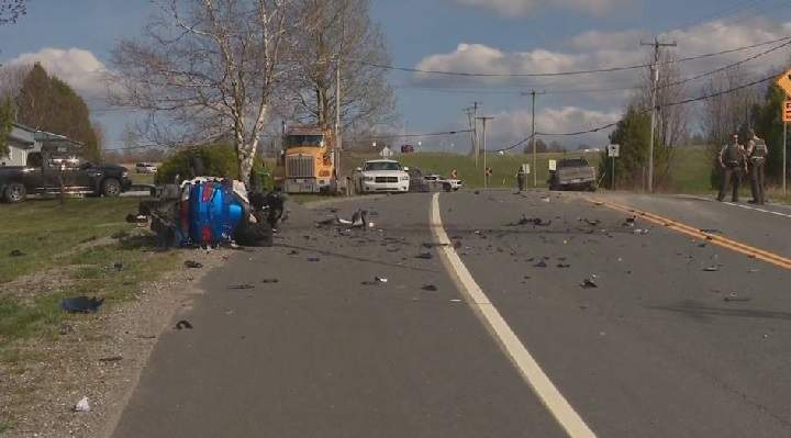 This photo shows the aftermath of a collision between a motorcycle and a truck in in Saint-Nazaire-de-Dorchester, Sunday, May 16, 2016.