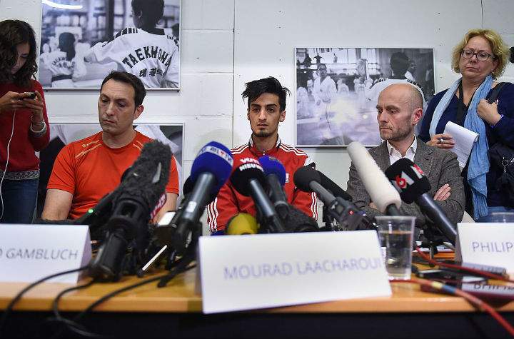 Belgian Taekwondo athlete Mourad Laachraoui, younger brother of Brussels attacks suspect Najim Laachraoui, gives a press conference,on March 24, 2016.