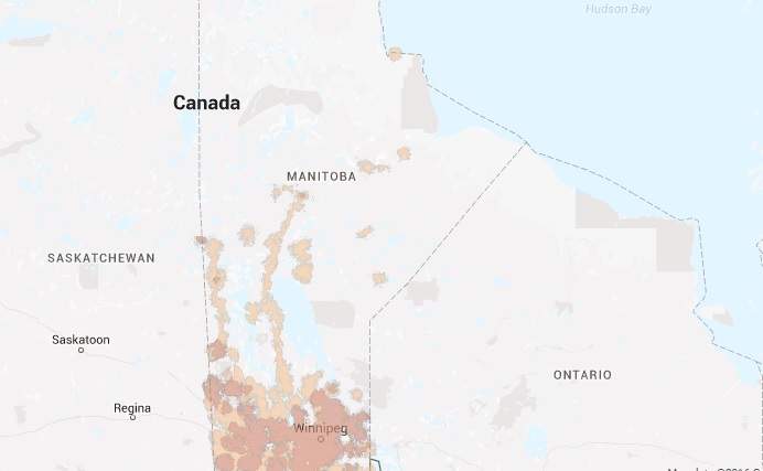 MTS wireless coverage in Manitoba, which includes 4G LTE and 4G HSPA+.