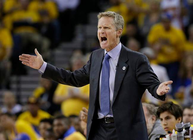 Golden State Warriors head coach Steve Kerr yells during the first half of Game 1 of the NBA basketball Western Conference finals between the Warriors and the Oklahoma City Thunder in Oakland, Calif., Monday, May 16, 2016. (AP Photo/Marcio Jose Sanchez)
