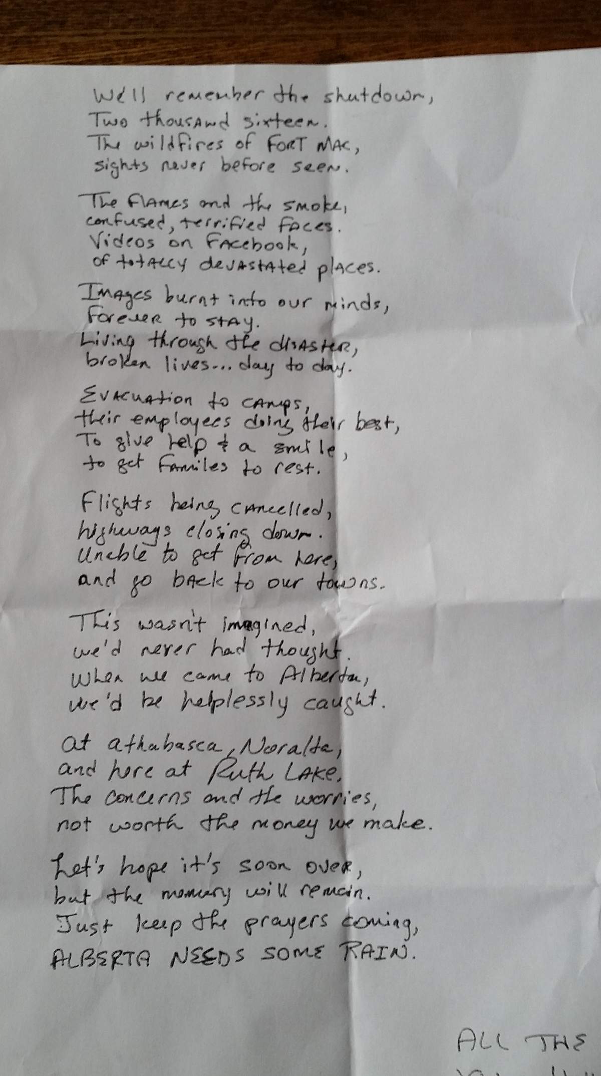 Poem penned by Fort McMurray fire evacuee brings wave of emotion over oil workers