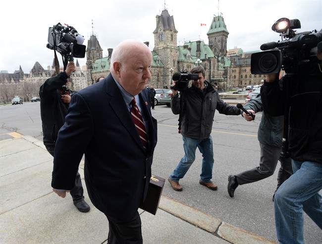 Senator Mike Duffy returns to Parliament Hill in Ottawa on Monday, May 2, 2016.