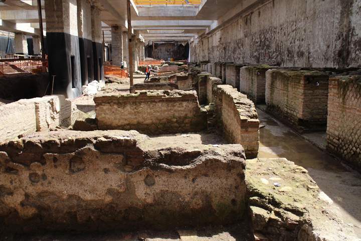 A view of ancient roman ruins and mosaics discovered during work on a new underground line in Rome, Italy, May 16, 2016.