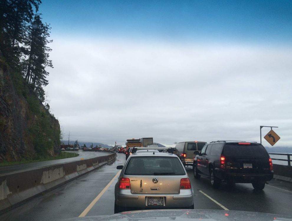 Cars lined up on the Sea to Sky Highway.