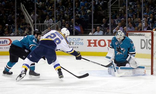 San Jose Sharks goalie Martin Jones, right, stops a shot from St. Louis Blues' Kyle Brodziak (28) during the second period in Game 3 of the NHL hockey Stanley Cup Western Conference finals Thursday, May 19, 2016, in San Jose, Calif. (AP Photo/Marcio Jose Sanchez).