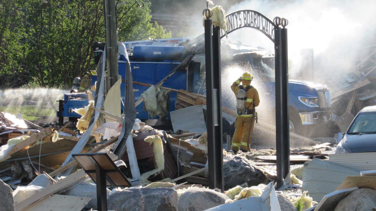 Aftermath of explosion a Stittco Energy Limited garage in Flin Flon, Man. Wednesday morning. 