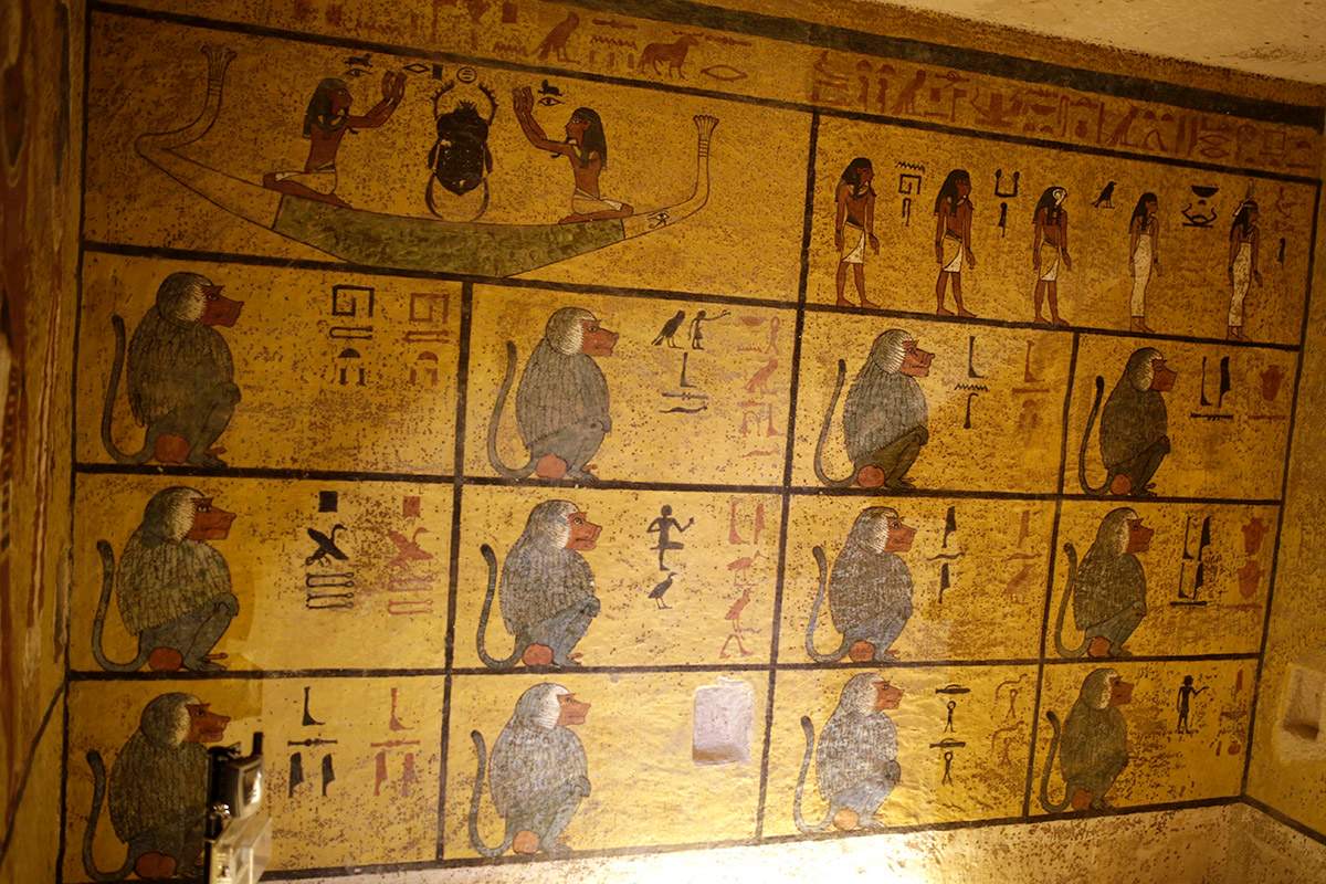 The western wall of King Tutankhamun's burial chamber at his tomb at the Valley of the Kings in Luxor, Egypt, Friday, April 1, 2016.