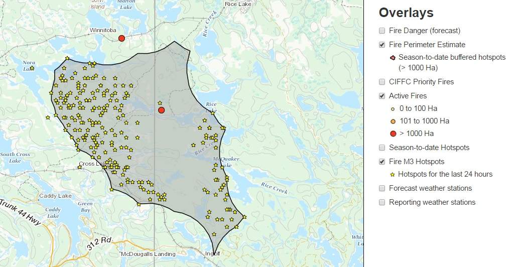 Map showing the wildfire perimeter and hotspots in the last 24 hours in the Whiteshell area.