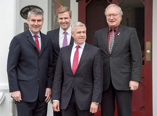 Nova Scotia Premier Stephen McNeil, New Brunswick Premier Brian Gallant, Newfoundland and Labrador Premier Dwight Ball and Prince Edward Island Premier Wade MacLauchlan, left to right, attend a meeting of the Council of Atlantic Premiers in Annapolis Royal, N.S. on Monday, May 16, 2016. 