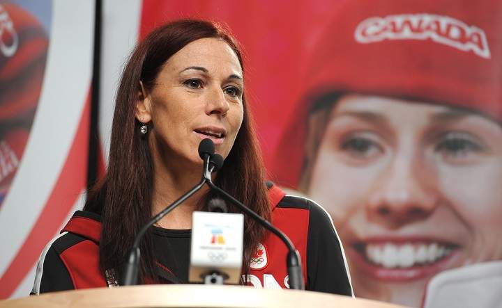 Olympic Team Chef de Mission Nathalie Lambert speaks to the press Thursday February 11, 2010 at the 2010 Vancouver Olympic Winter Games in Vancouver. THE CANADIAN PRESS/Rick Eglinton.