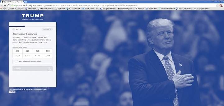 Links in an email soliciting donations for Donald Trump's presidential campaign are directed to a donation page on Trump's website.