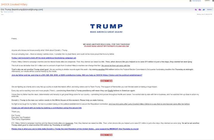 An example of an email sent to Global News soliciting money for Donald Trump's presidential campaign.