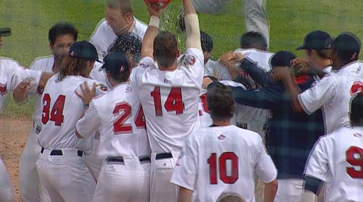 The Winnipeg Goldeyes celebrate a walk-off victory on Sunday at Shaw Park.
