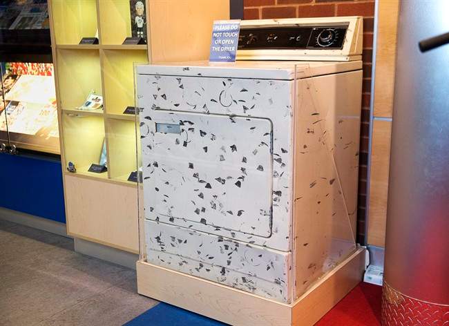 The clothes dryer from his family home is part of the Sidney Crosby display at the Nova Scotia Sport Hall of Fame in Halifax on Tuesday, June 6, 2016.