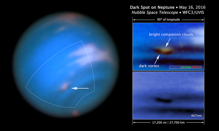 The full visible-light image at left shows that the dark feature on Neptune lies near and below a patch of bright clouds in the planet’s southern hemisphere. The full-colour image at top right is a close-up of the complex feature.