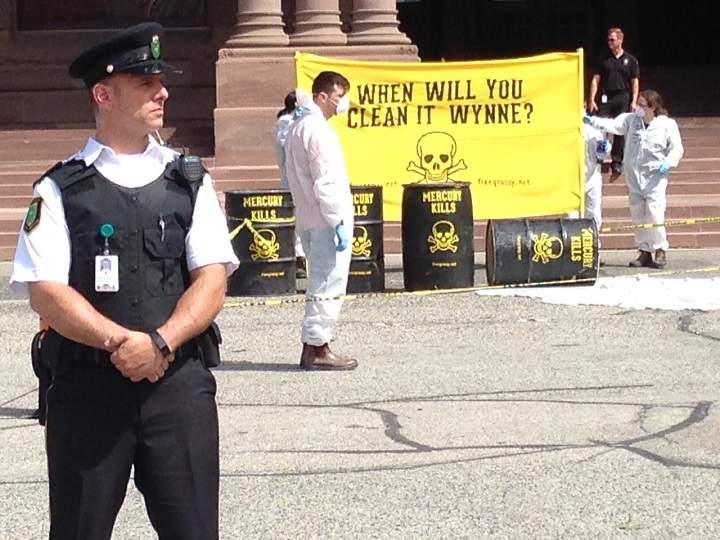 Police block off the front entrance of Queen’s Park after protesters dumped a white substance near the front entrance on June 23, 2016.