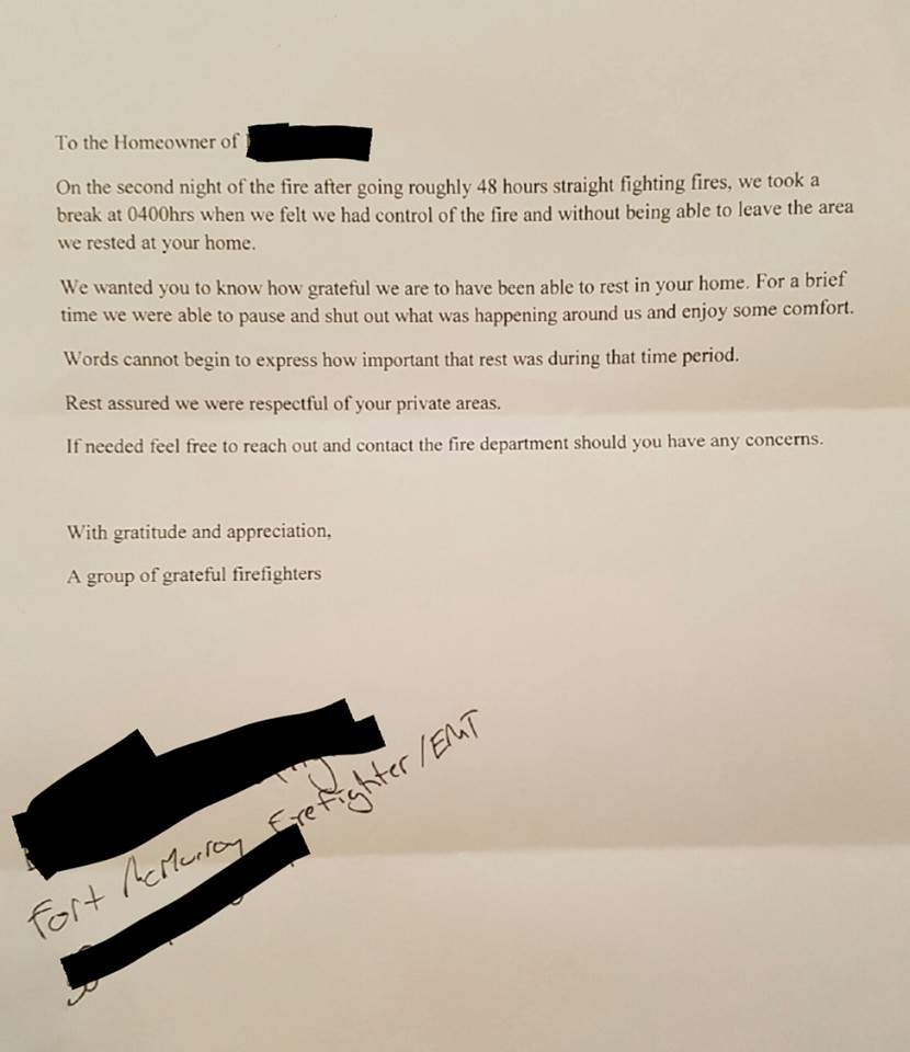 The note is signed “a group of grateful firefighters” and included a signature of a member of the Fort McMurray fire department who is also an EMT.