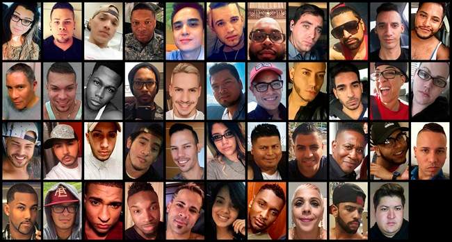 Victims of the Orlando Nightclub shooting. Top row from left are: Amanda Alvear, Angel L. Candelario-Padro, Anthony Luis Laureano Disla, Antonio Davon Brown, Christopher Leinonen, Christopher Joseph Sanfeliz, Darryl Roman Burt II, Edward Sotomayor Jr., Enrique L. Rios Jr., Eric Ivan Ortiz-Rivera and Frank Hernandez. Second row from left are: Franky Jimmy De Jesus Velazquez, Gilberto Ramon Silva Menendez, Jason Benjamin Josaphat, Javier Jorge-Reyes, Jean Carlos Mendez Perez, Joel Rayon Paniagua, Jonathan Antonio Camuy Vega, Juan P. Rivera Velazquez, Juan Ramon Guerrero, Kimberly Morris and Leroy Valentin Fernandez. Third row from left are: Luis D. Conde, Luis Daniel Wilson-Leon, Luis Omar Ocasio-Capo, Luis S. Vielma, Martin Benitez Torres, Mercedez Marisol Flores, Miguel Angel Honorato, Oscar A Aracena-Montero, Paul Terrell Henry, Peter O. Gonzalez-Cruz and Rodolfo Ayala-Ayala. Bottom row from left are: Shane Evan Tomlinson, Simon Adrian Carrillo Fernandez, Stanley Almodovar III, Tevin Eugene Crosby, Xavier Emmanuel Serrano Rosado, Yilmary Rodriguez Sulivan, Eddie Jamoldroy Justice, Brenda Lee Marquez McCool, Geraldo Ortiz-Jimenez and Juan Chavez Martinez.