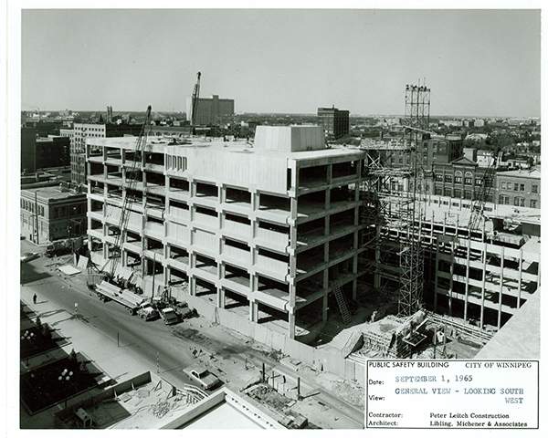 Photo from the City of Winnipeg website showing the construction of what would become the Public Safety Building.