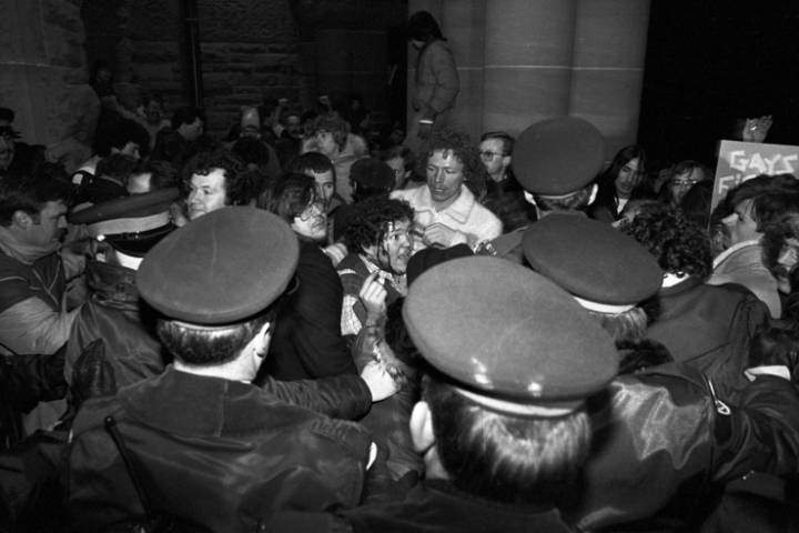 A man with blood streaming down his face scuffles with police outside the Ontario Legislature in Toronto on Feb. 6, 1981 after about 1,000 gay rights demonstrators marched there in protest of the arrests on Feb. 5, 1981 of hundreds of men in four city bathhouses.