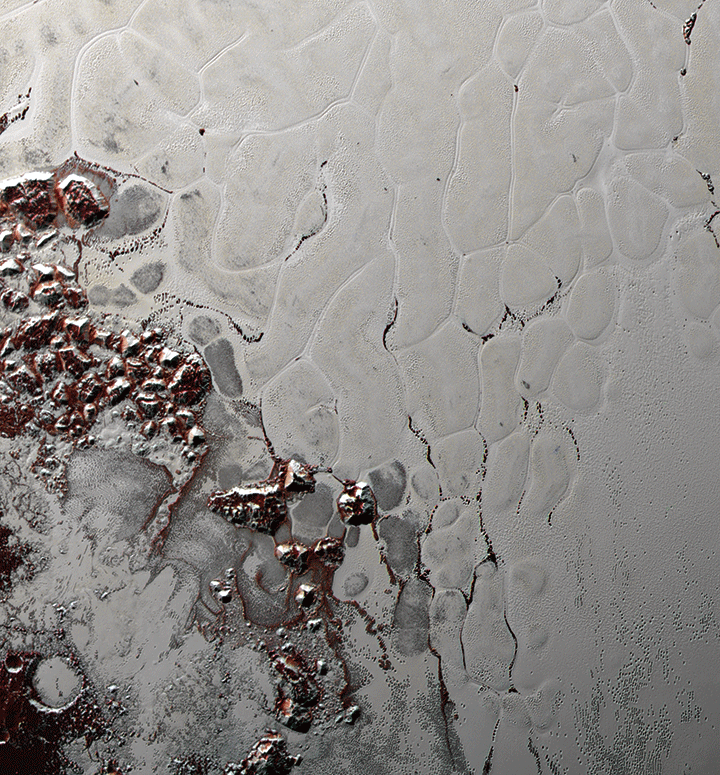 Sputnik Planum, a feature on Pluto, is covered with churning ice “cells” that are geologically young and turning over due to a process called convection.