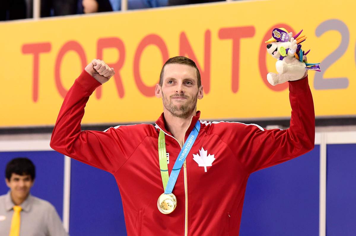 Canada’s Ryan Cochrane celebrates his gold medal win in the men’s 1,500-metre freestyle swimming final at the 2015 Pan Am Games in Toronto on Saturday, July 18, 2015.