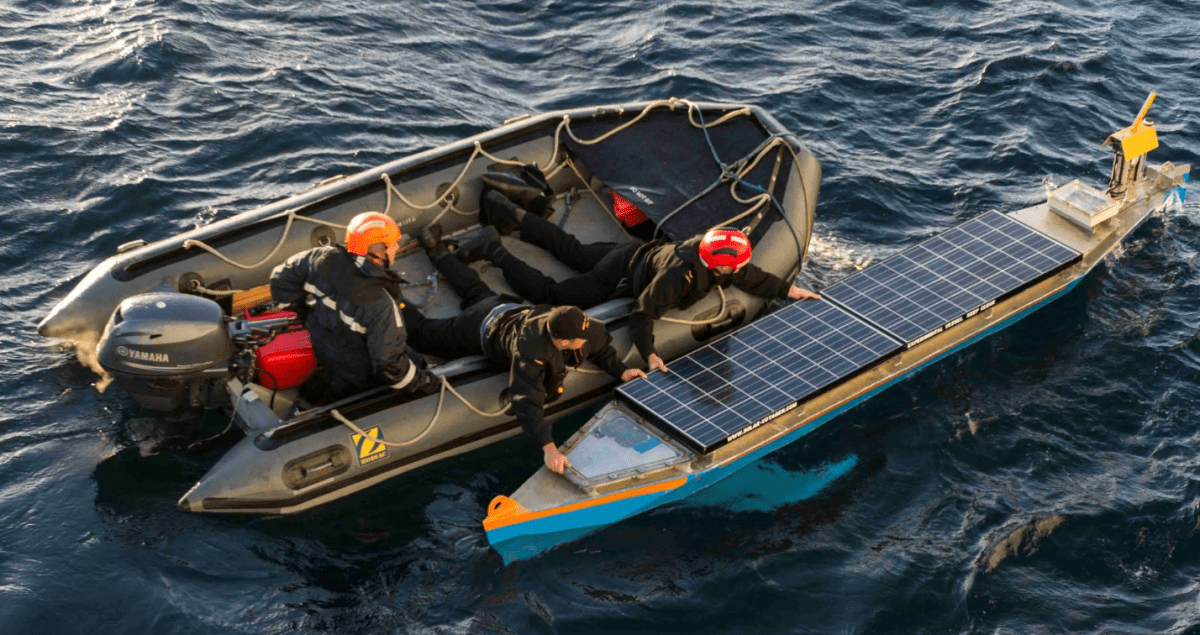 Crew of HMCS St. John's recovered the unmanned solar kayak Solar Voyager that was adrift in the Atlantic Ocean. 