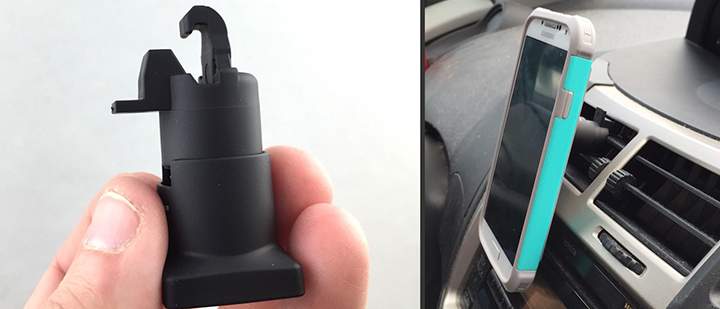 The tiny Mountie car mount from Caseco clips on air grills and attaches to your phone via small ring magnet