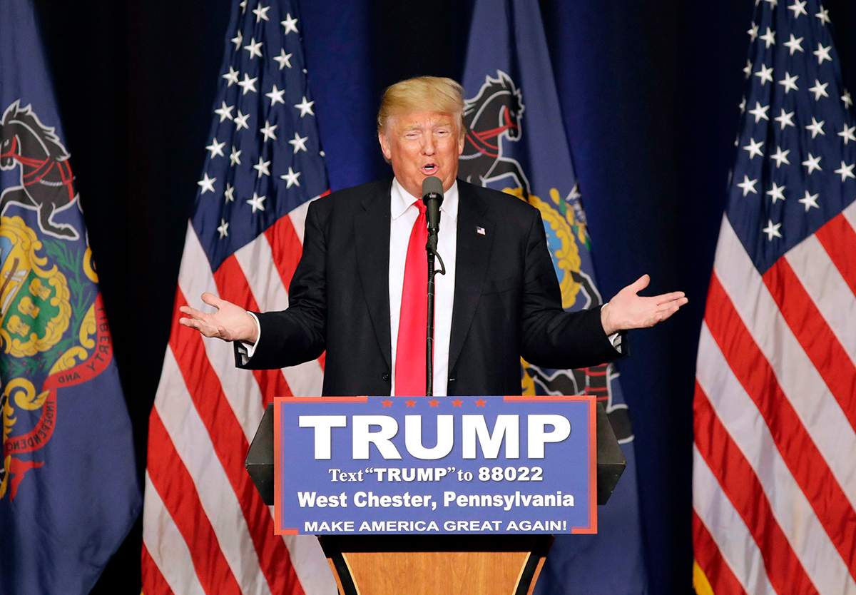 Republican presidential candidate Donald Trump speaks during a campaign rally at West Chester University, Monday, April 25, 2016, in West Chester, Pa. 