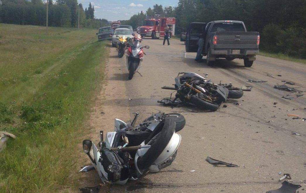 A crash south of Pigeon Lake Saturday left one man dead and five other riders injured.
