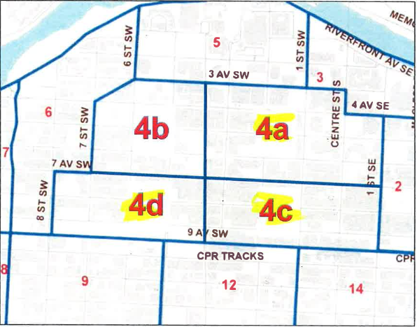 The pricing areas (4a, 4c and 4d) where on-street parking in downtown Calgary will begin at 7 a.m., starting Aug. 1, 2016.