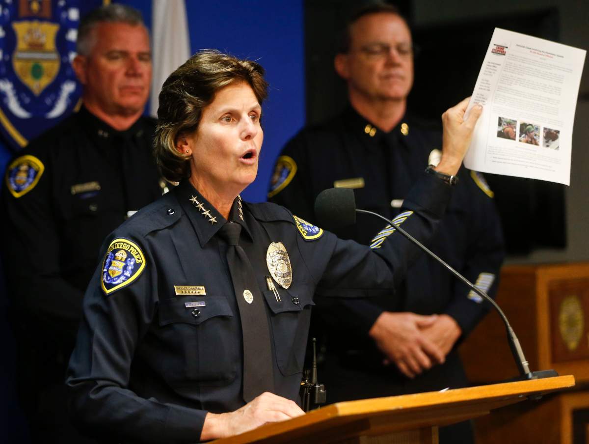 In this July 6, 2016, file photo, San Diego Police Chief Shelley Zimmerman holds up a information bulletin depicting the suspect in several murders of homeless people in downtown San Diego at a news conference in San Diego. A man injured during a series of attacks on homeless men in San Diego died at a hospital Sunday, July 10, police said.