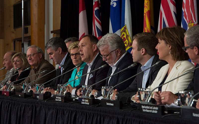 Canada's Premiers are seen during the closing news conference following a meeting of Premiers in Whitehorse, Yukon, Friday, July, 22, 2016. 