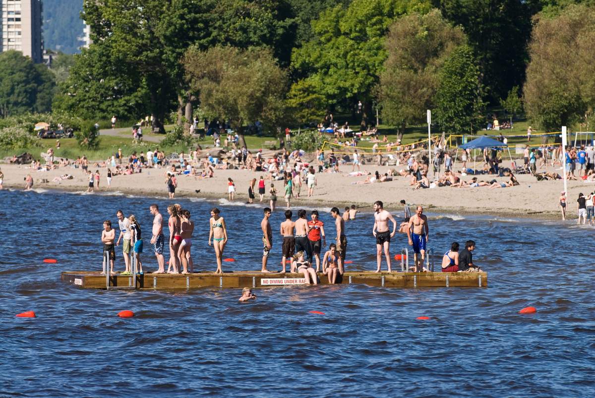 Hot, sunny weather brings out the crowds to Kitsilano beach on Vancouver's English Bay.