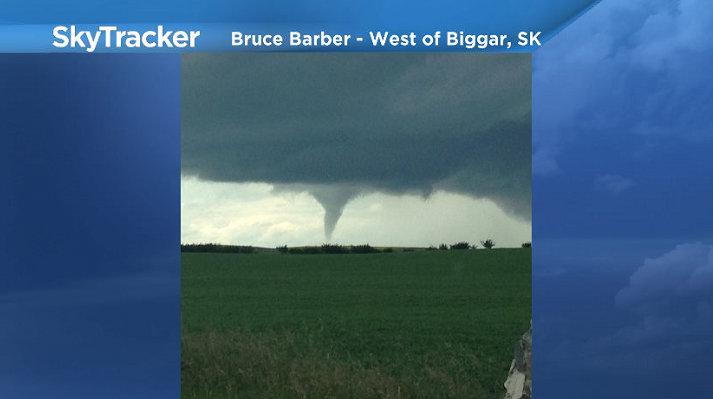 Reports of a tornado touching down west of Saskatoon on Canada Day.