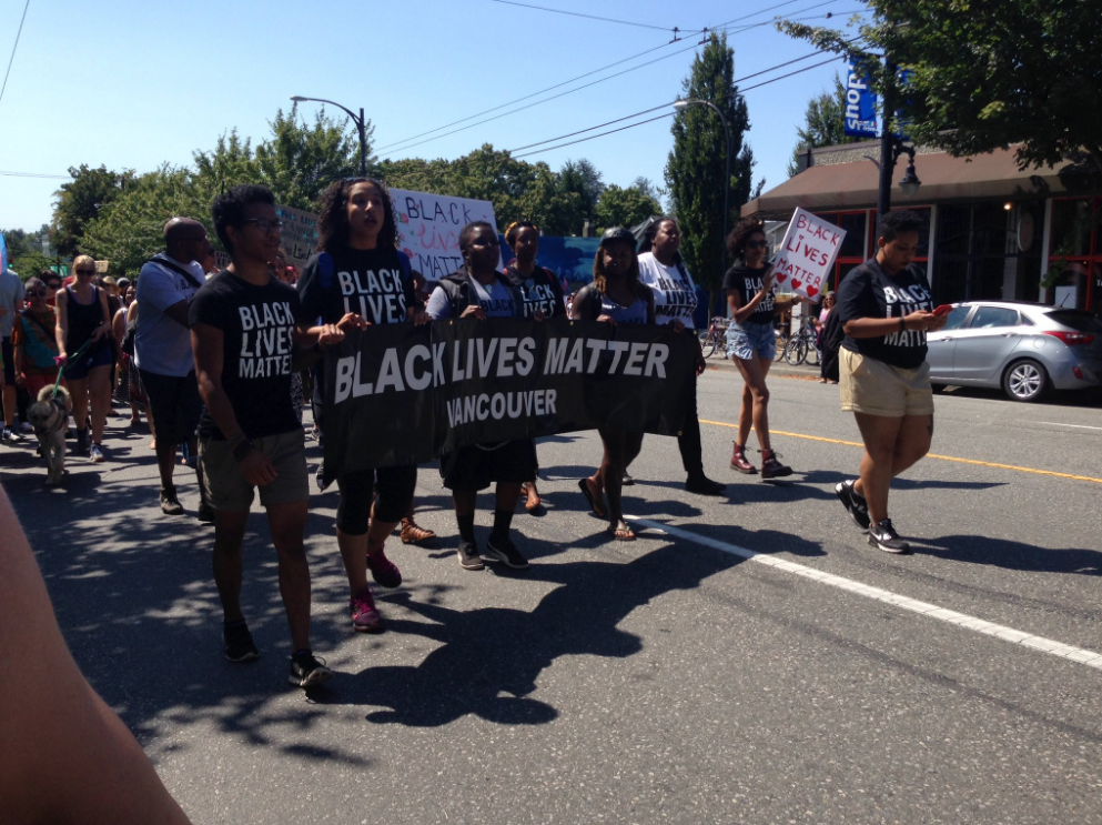 This year members of the Black Lives Matter Vancouver movement joined them to make a statement against Pride Parade taking place on Sunday