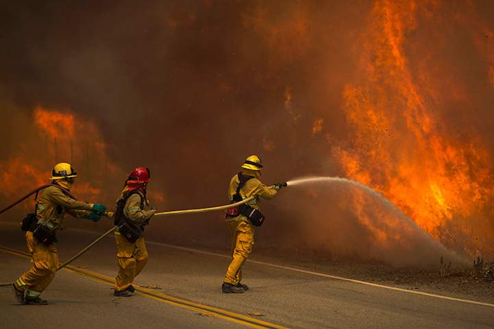 Firefighters battle flames in Placerita Canyon at the Sand Fire on July 24, 2016 in Santa Clarita, California.