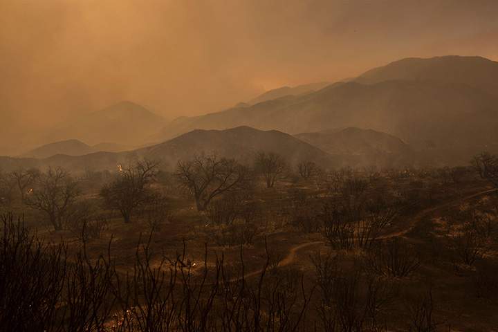 A scorched landscape is left smoldering at the Sand Fire on July 23 2016 near Santa Clarita, California.