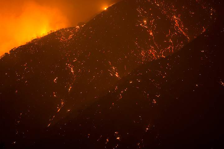 A scorched mountainside is seen in Placerita Canyon at the Sand Fire on July 24, 2016 in Santa Clarita, California.