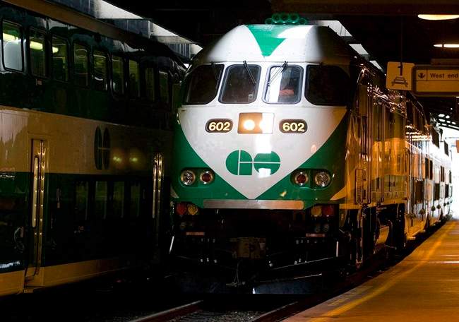 The first GO Transit MP40 locomotive arrives at the platform in Toronto on Jan. 15, 2008.