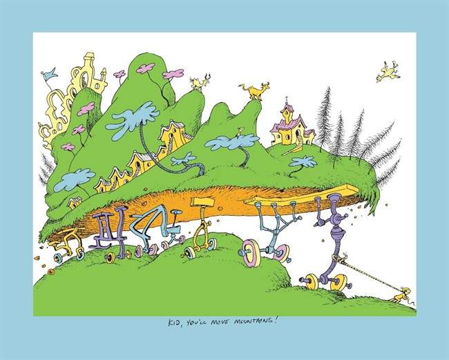 Dr. Seuss artwork titled "Kid You'll Move Mountains" is shown in this handout photo. Late at night, with the world asleep, Theodor Seuss Geisel to his studio would creep. The author and illustrator stashed his unfinished prose and unrolled artwork that nobody knows.