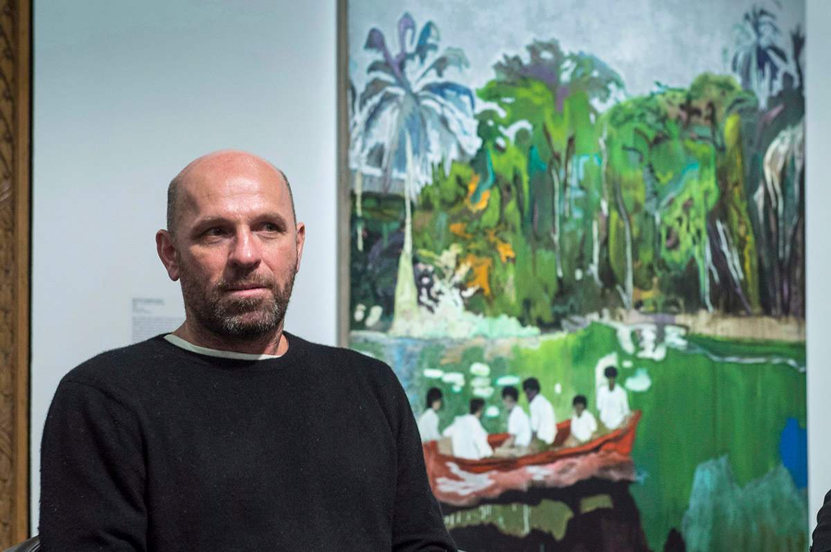 Artist Peter Doig waits to be presented during a preview of an exhibit of his work at the Montreal Museum of Fine Arts, Tuesday, January 21, 2014 in Montreal.