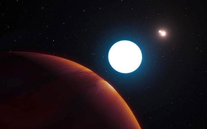 This artist's impression shows a view of the triple star system HD 131399 from close to the giant planet orbiting in the system.