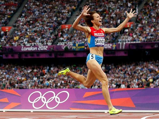 In this Aug. 11, 2012 file photo Russia's Mariya Savinova crosses the finish line to win gold in the women's 800-meter final during the athletics in the Olympic Stadium at the 2012 Summer Olympics, London. Russia lost its appeal Thursday, July 21, 2016 against the Olympic ban on its track and field athletes, a decision which could add pressure on the IOC to exclude the country entirely from next month's games in Rio de Janeiro. The Court of Arbitration for Sport rejected the appeal of 68 Russian athletes seeking to overturn the ban imposed by the IAAF following allegations of state-sponsored doping and cover-ups.