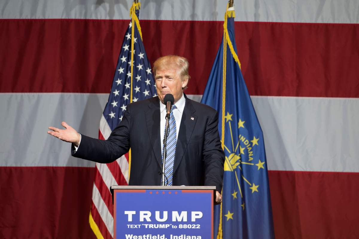 Presumptive US Republican presidential candidate Donald Trump addresses a campaign rally at Grant Park Event Center in Westfield, Indiana.      