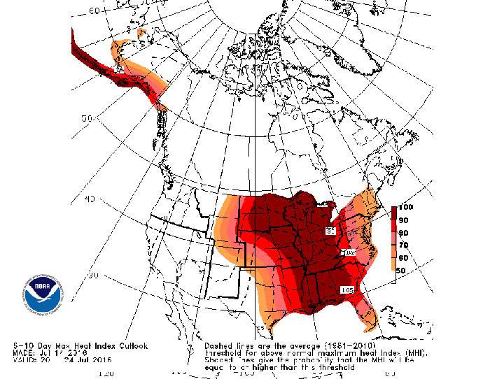 This forecast model shows the heat index (humidex) across much of the United States. Temperatures are expected to soar next week across a large swath of the U.S.